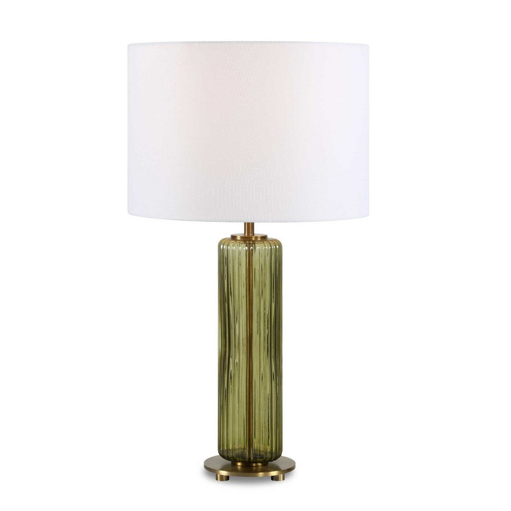 Table Lamp | Off White Linen Shade | Olive Green Ribbed Glass | 26"
