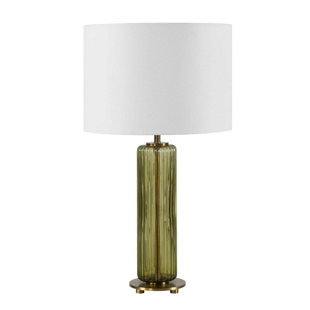 Table Lamp | Off White Linen Shade | Olive Green Ribbed Glass | 26"