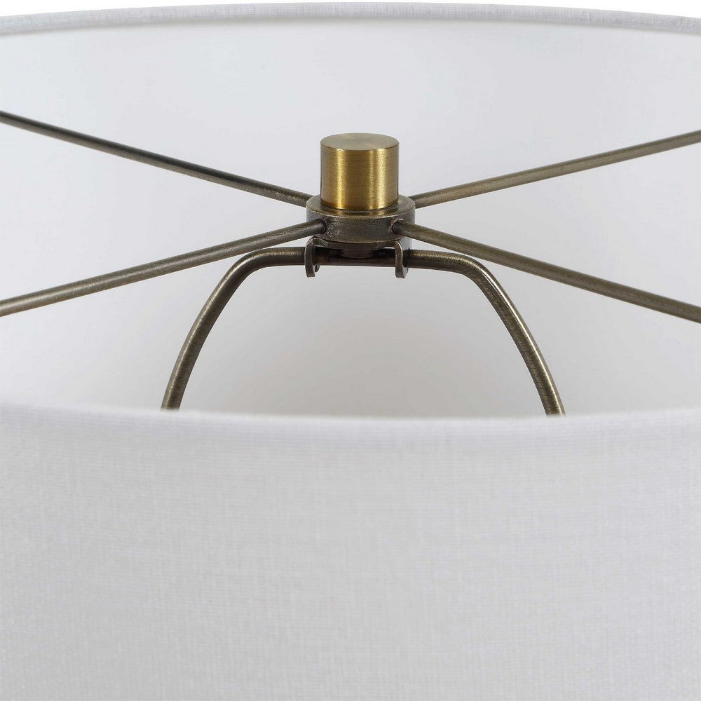Table Lamp | Off White Linen Shade | Olive Green Ribbed Glass | 26"