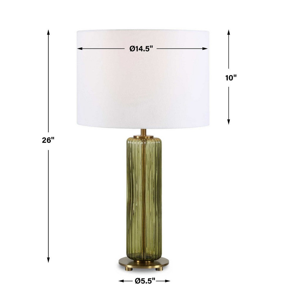 Table Lamp | Off White Linen Shade | Olive Green Ribbed Glass | 26"