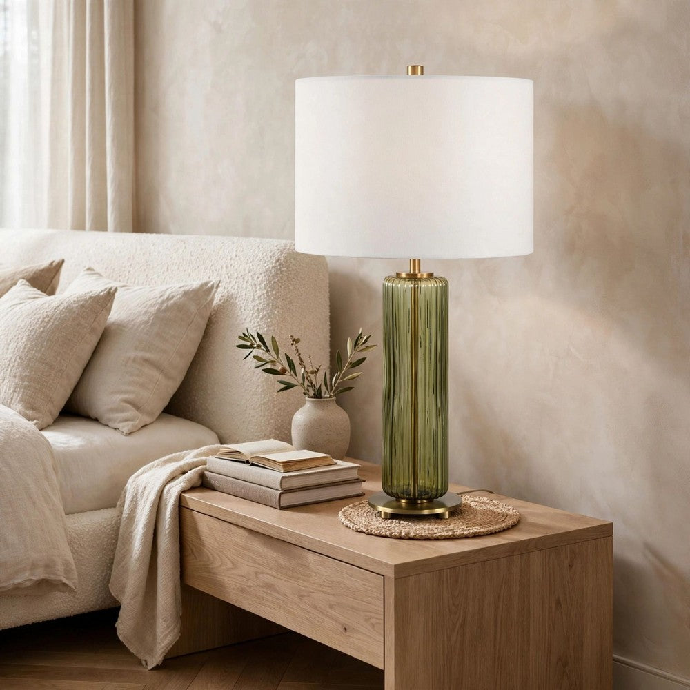Table Lamp | Off White Linen Shade | Olive Green Ribbed Glass | 26"