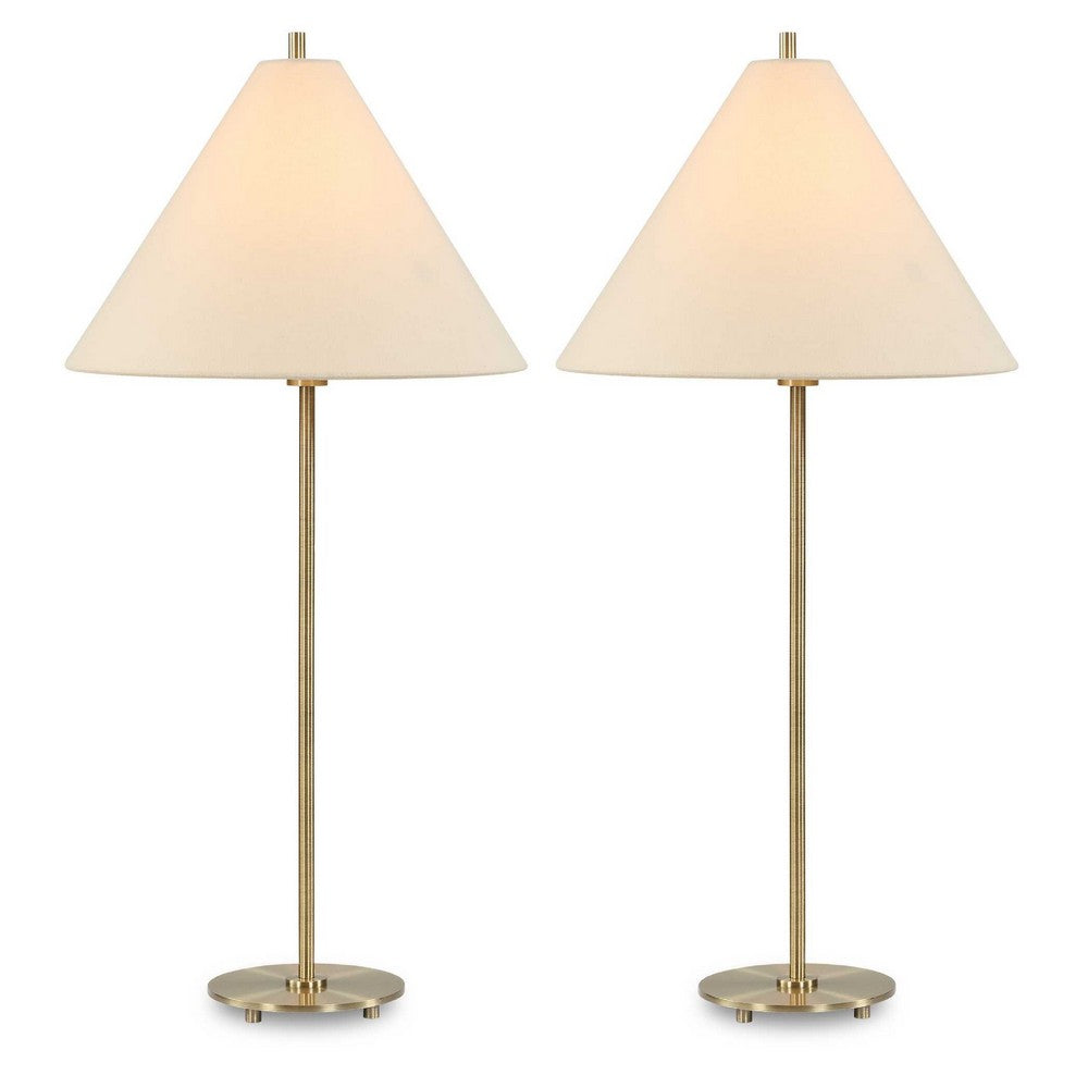 Table Lamp Set of 2 | Plated Antique Brass | Off White Linen Shades