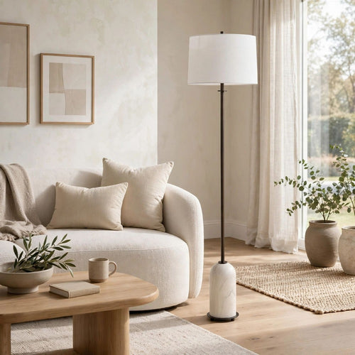 Floor Lamp | Off White Shade | Bronze Stem with Faux Marble Base | 62"