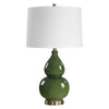 Table Lamp | White Tapered Shade | Dark Green Ceramic Gourd Base | 26"