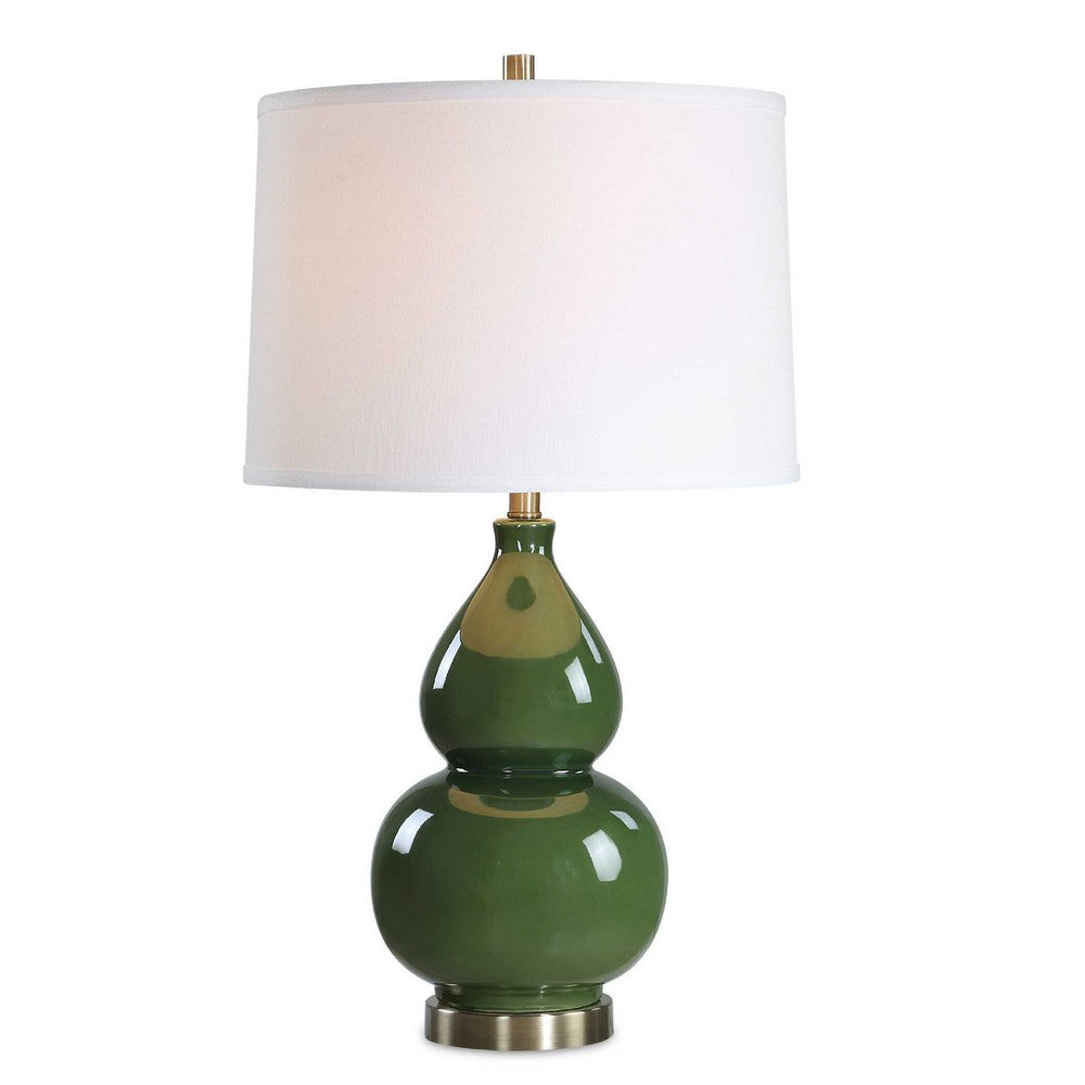 Table Lamp | White Tapered Shade | Dark Green Ceramic Gourd Base | 26"