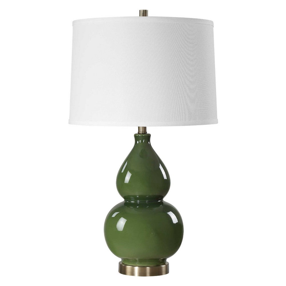 Table Lamp | White Tapered Shade | Dark Green Ceramic Gourd Base | 26"