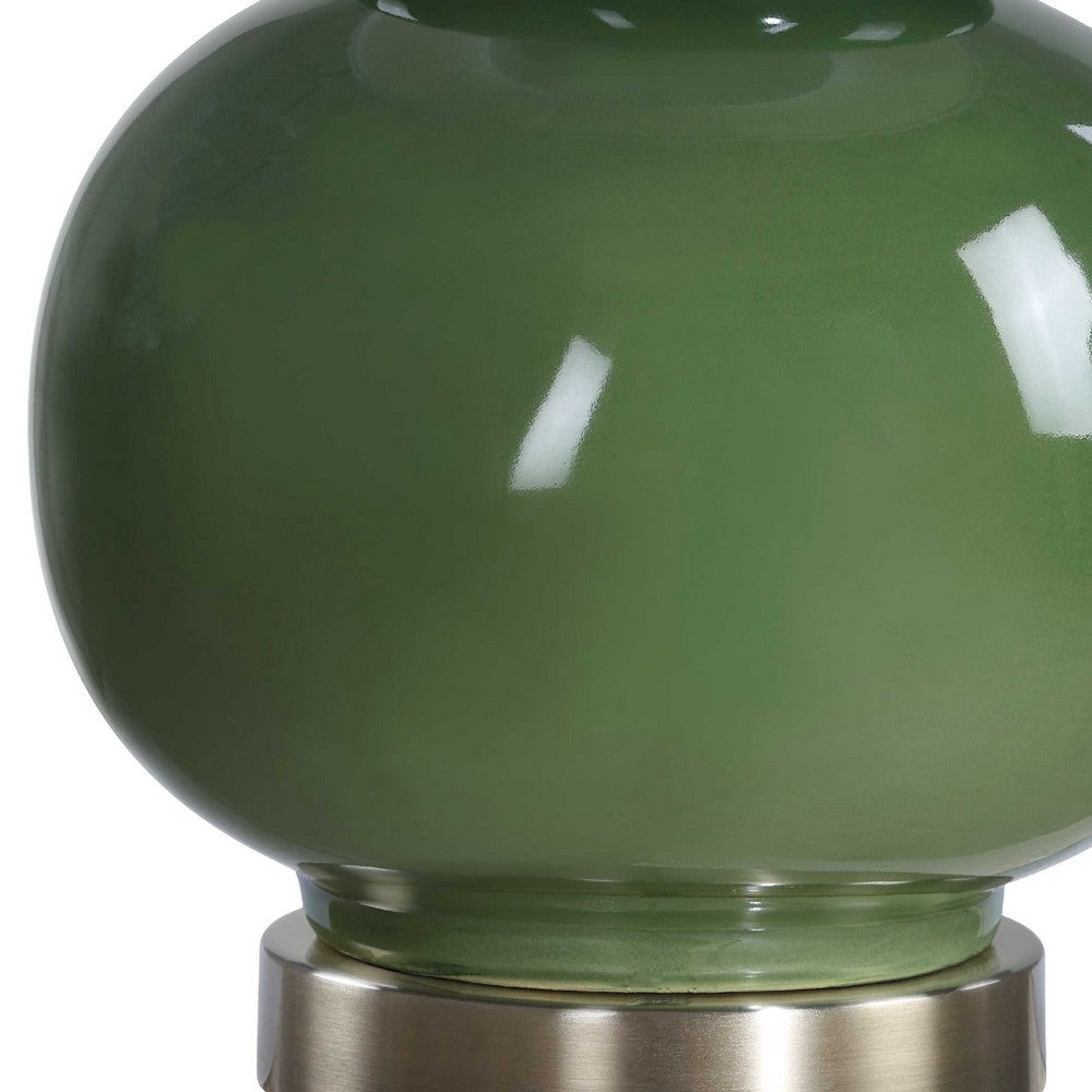 Table Lamp | White Tapered Shade | Dark Green Ceramic Gourd Base | 26"