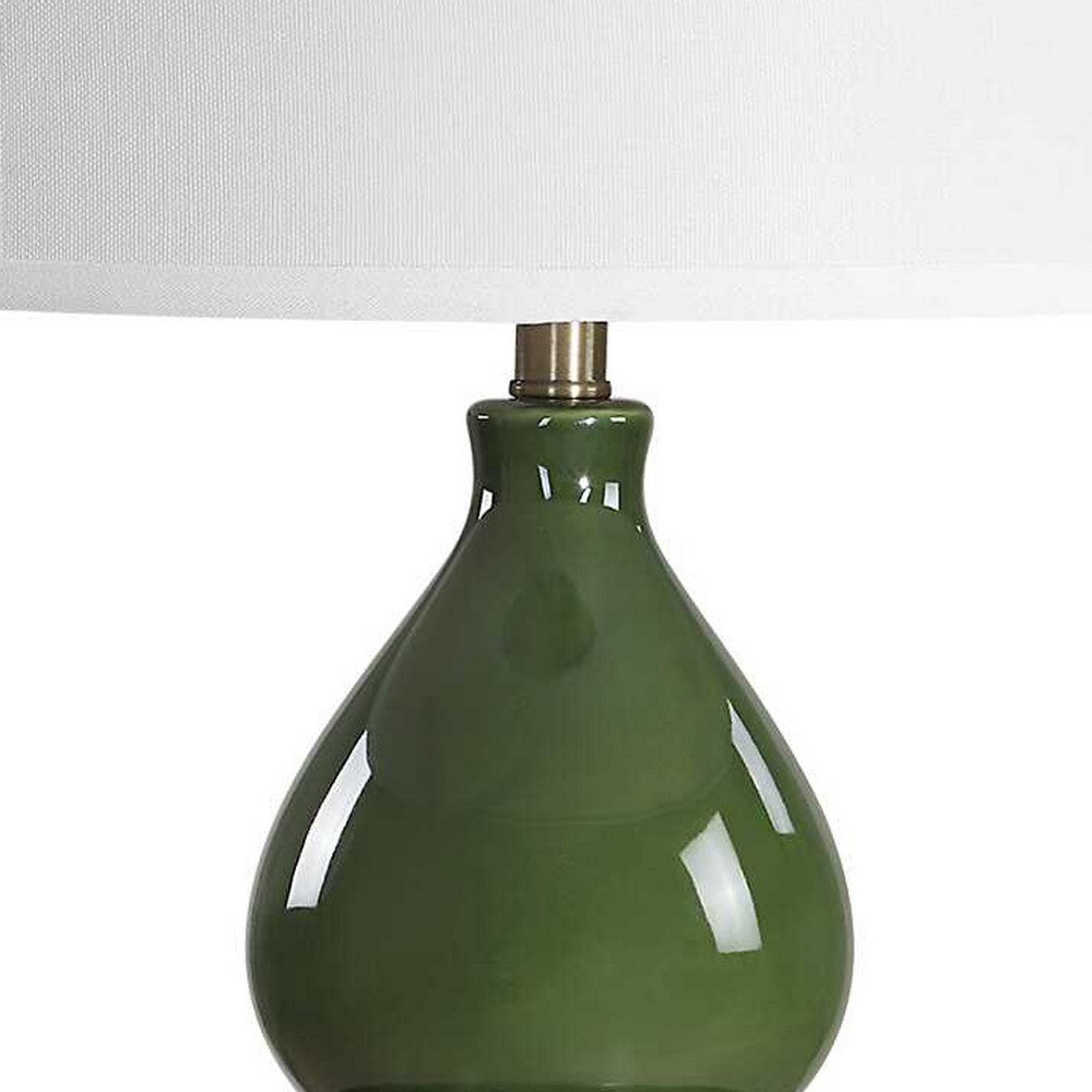 Table Lamp | White Tapered Shade | Dark Green Ceramic Gourd Base | 26"