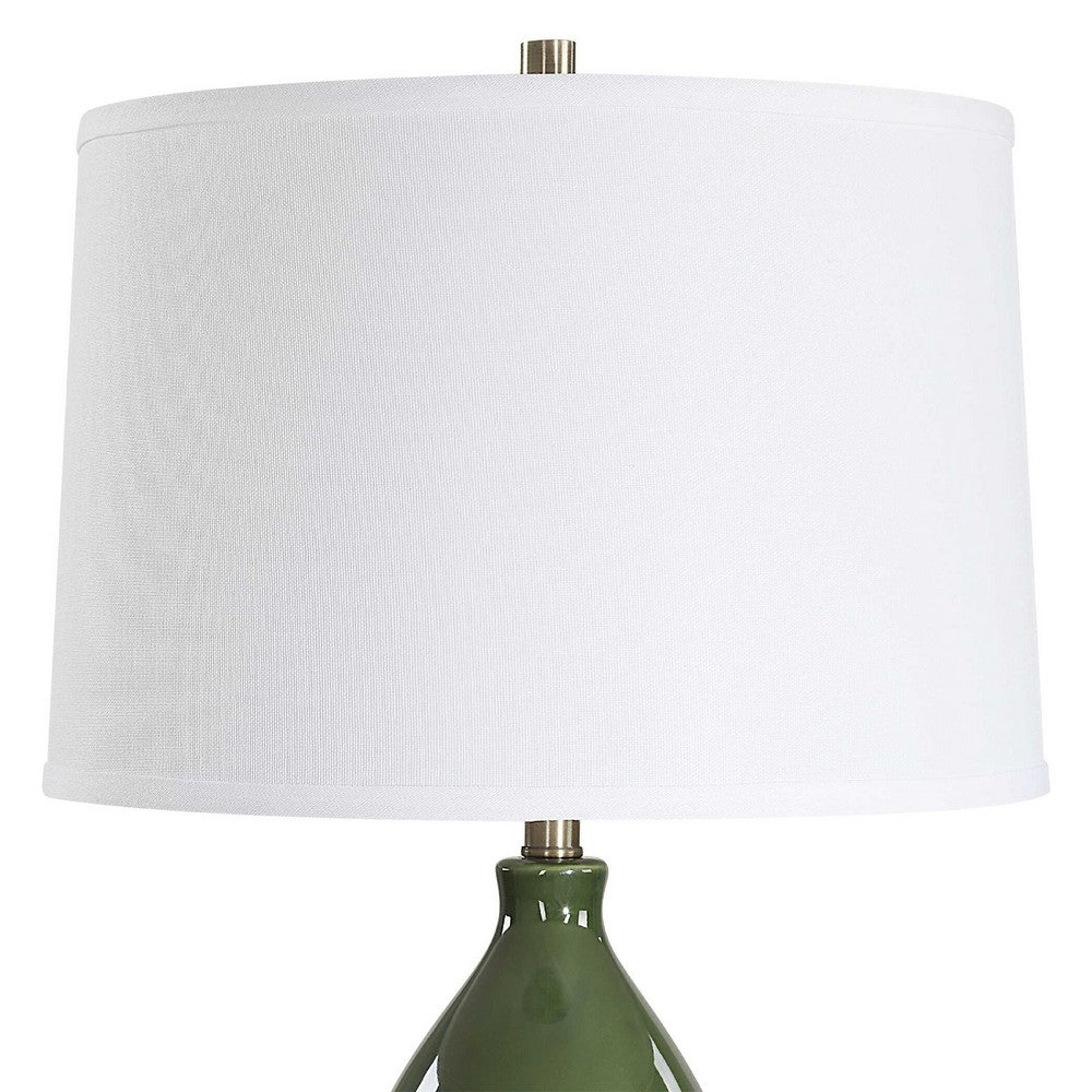 Table Lamp | White Tapered Shade | Dark Green Ceramic Gourd Base | 26"