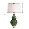 Table Lamp | White Tapered Shade | Dark Green Ceramic Gourd Base | 26"
