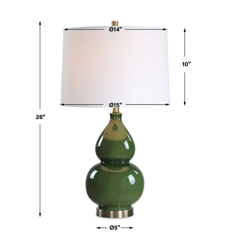 Table Lamp | White Tapered Shade | Dark Green Ceramic Gourd Base | 26"