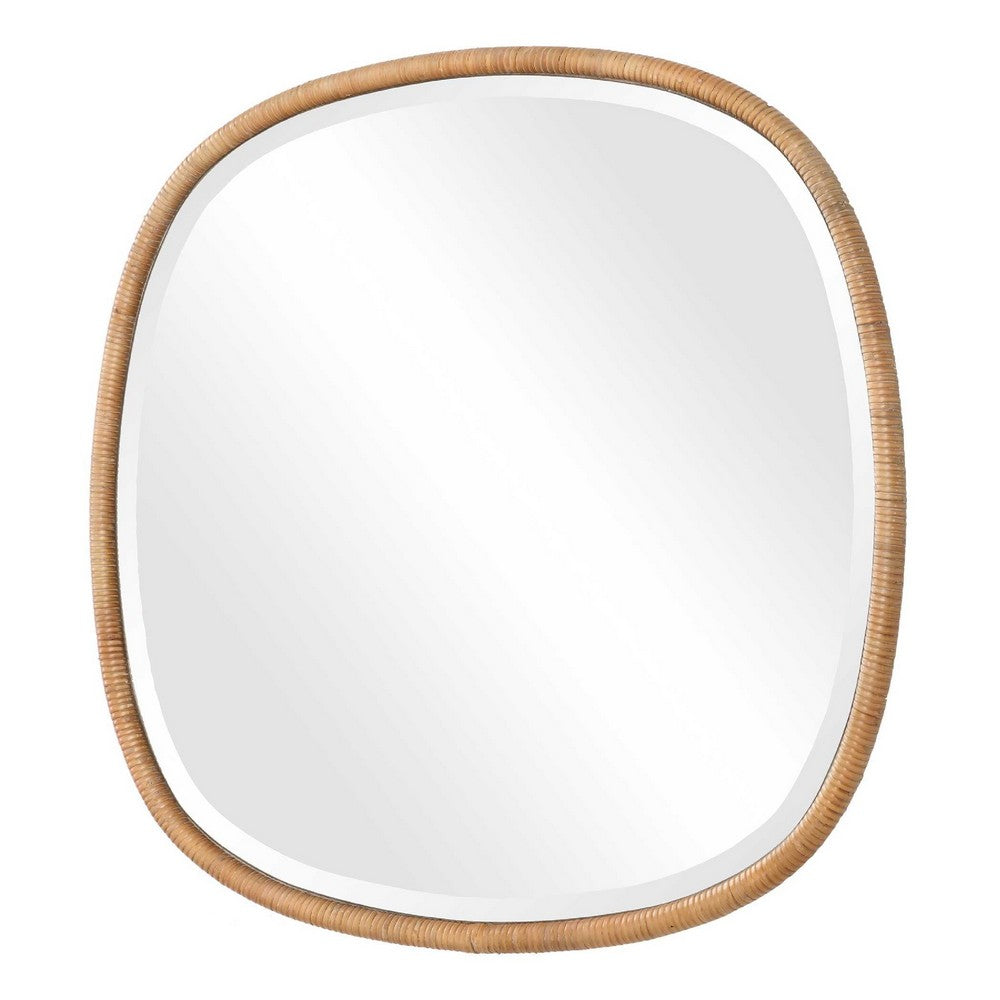 Boho Accent Wall Mirror | Beveled Glass | Natural Brown Rattan Woven | 34"