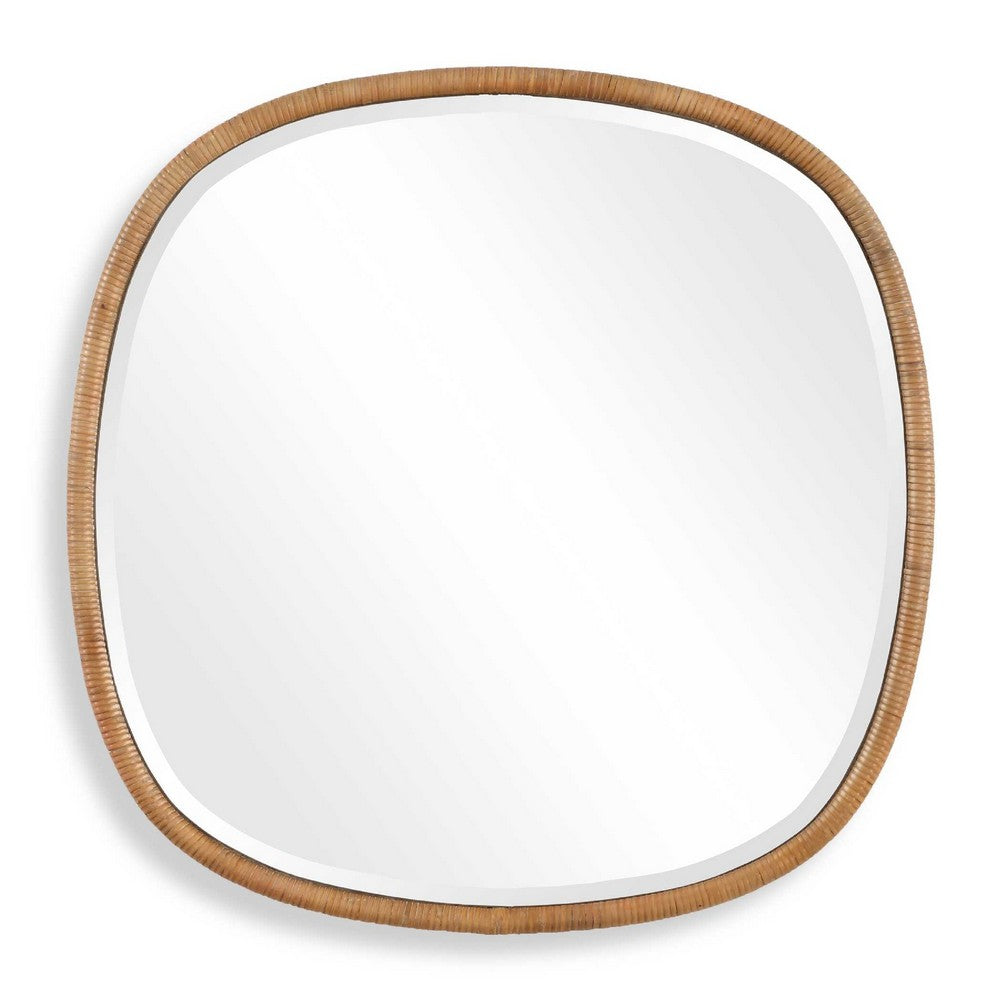 Boho Accent Wall Mirror | Beveled Glass | Natural Brown Rattan Woven | 34"