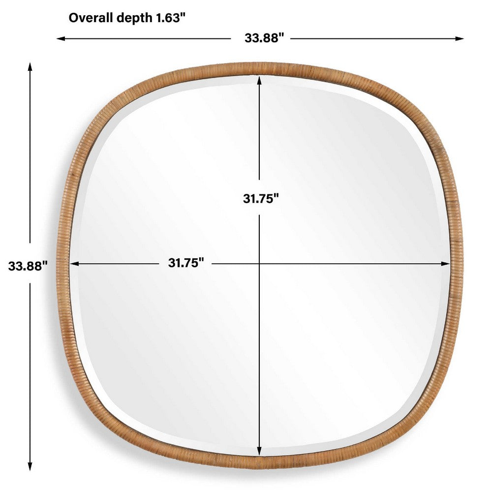 Boho Accent Wall Mirror | Beveled Glass | Natural Brown Rattan Woven | 34"