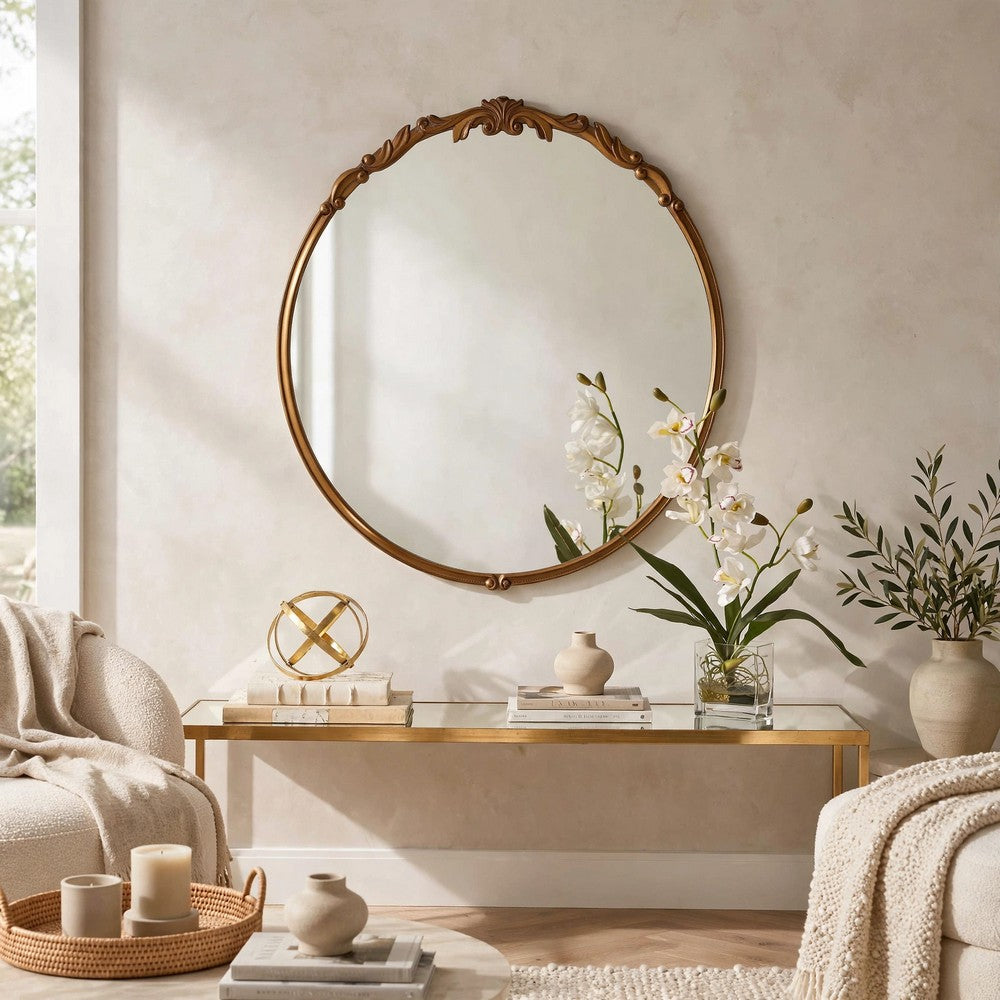 Accent Wall Mirror | Scrollwork | Antique Gold | Gray Glaze | Round 28"