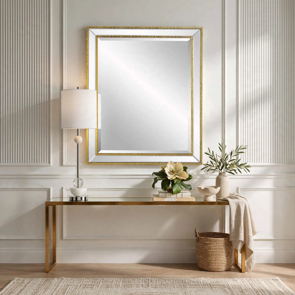 Accent Wall Mirror | Double Frame | Beveled Mirror Trim | Gold Tone 27x33