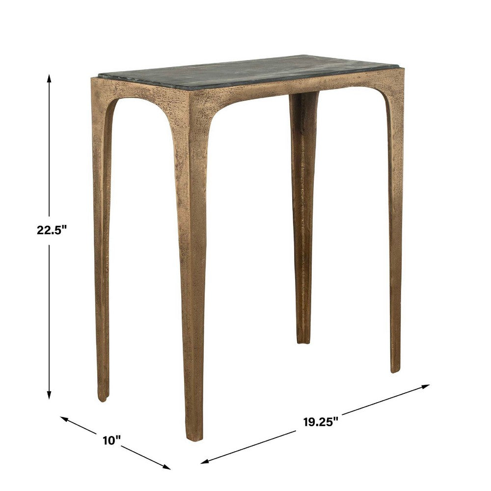 Accent Table | Rectangular Marine Marble | Antique Brass Aluminum | 23"