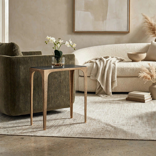 Accent Table | Rectangular Marine Marble | Antique Brass Aluminum | 23"
