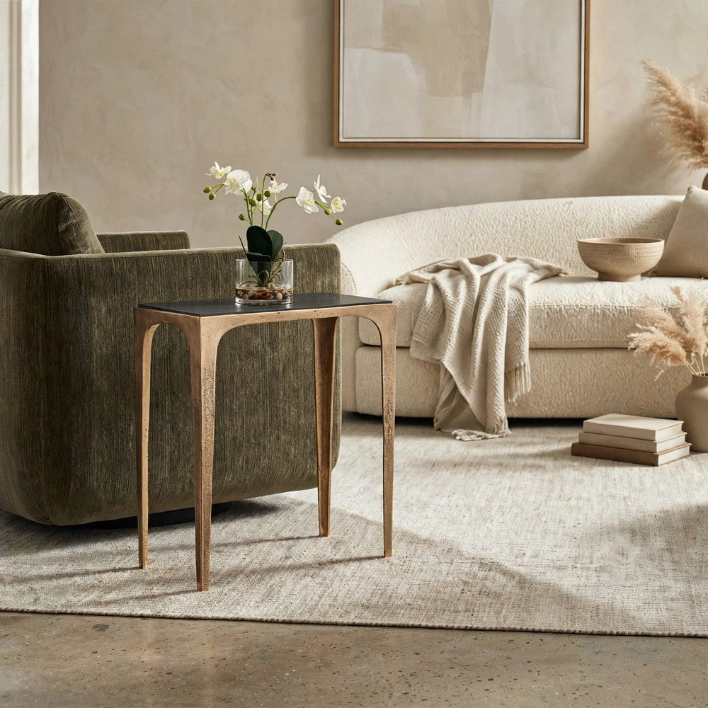 Accent Table | Rectangular Marine Marble | Antique Brass Aluminum | 23"