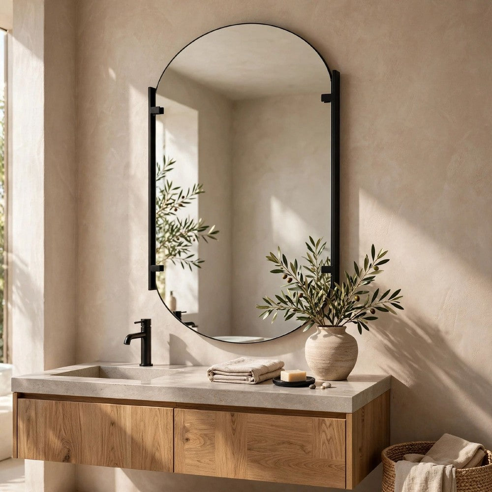 Accent Mirror | Frameless Oval Shape | Metal Stripes | Satin Black 23x38