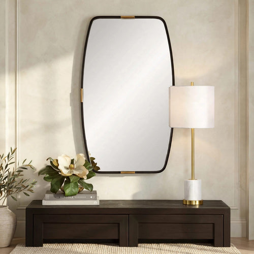 Accent Wall Mirror | Curved Frame | Antique Gold Tabs | Bronze Iron 22x38