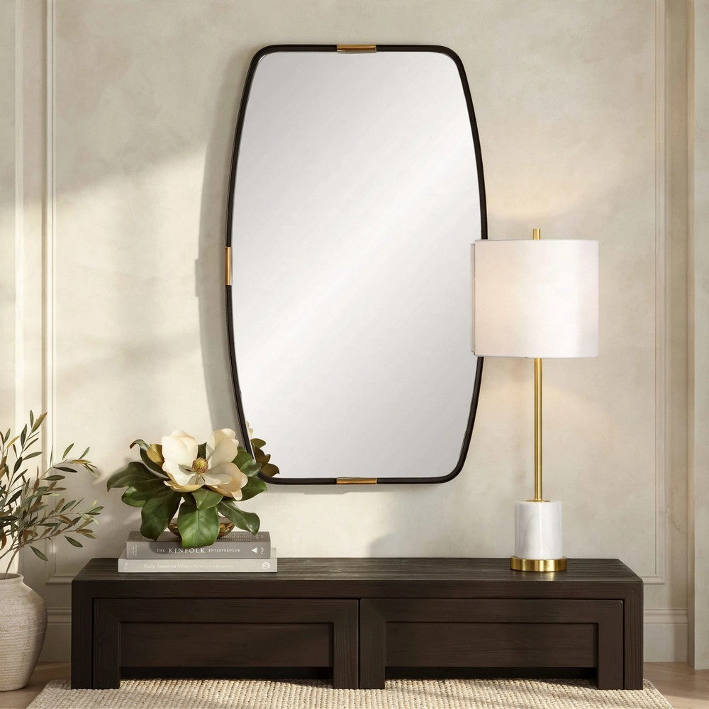 Accent Wall Mirror | Curved Frame | Antique Gold Tabs | Bronze Iron 22x38