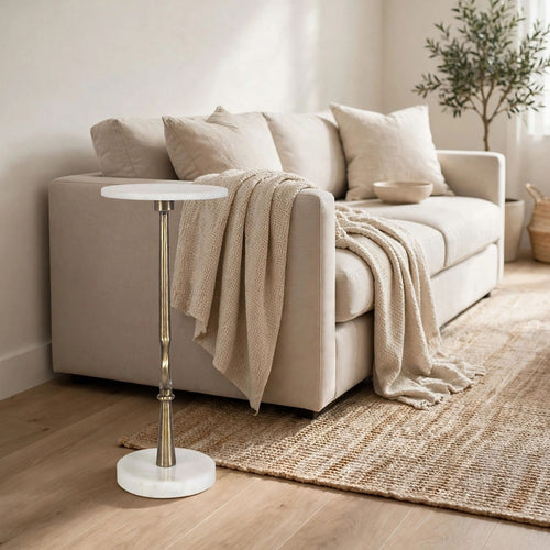 Round Accent Table | Marble Top & Pedestal | Antique Brass Frame 24"
