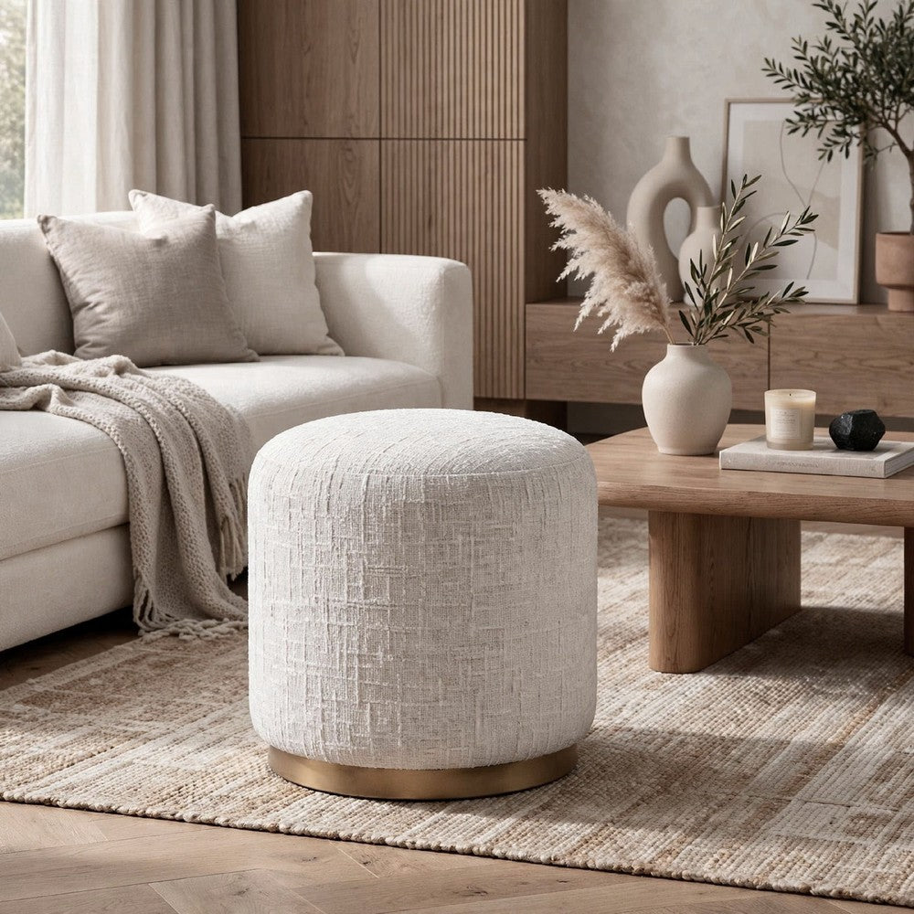 Accent Stool | Foam Fill Off White Polyester | Brushed Brass Iron 18"