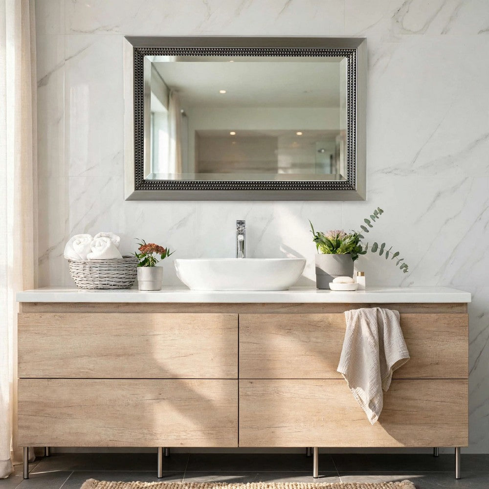 Accent Wall Mirror | 3 Layer Beaded Frame | Modern Style Warm Silver 24x36
