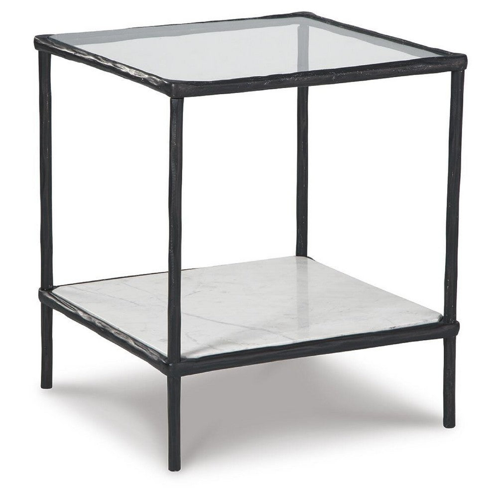 Dalie Accent Table | Glass Top | White Marble Shelf | Antique Black 25"
