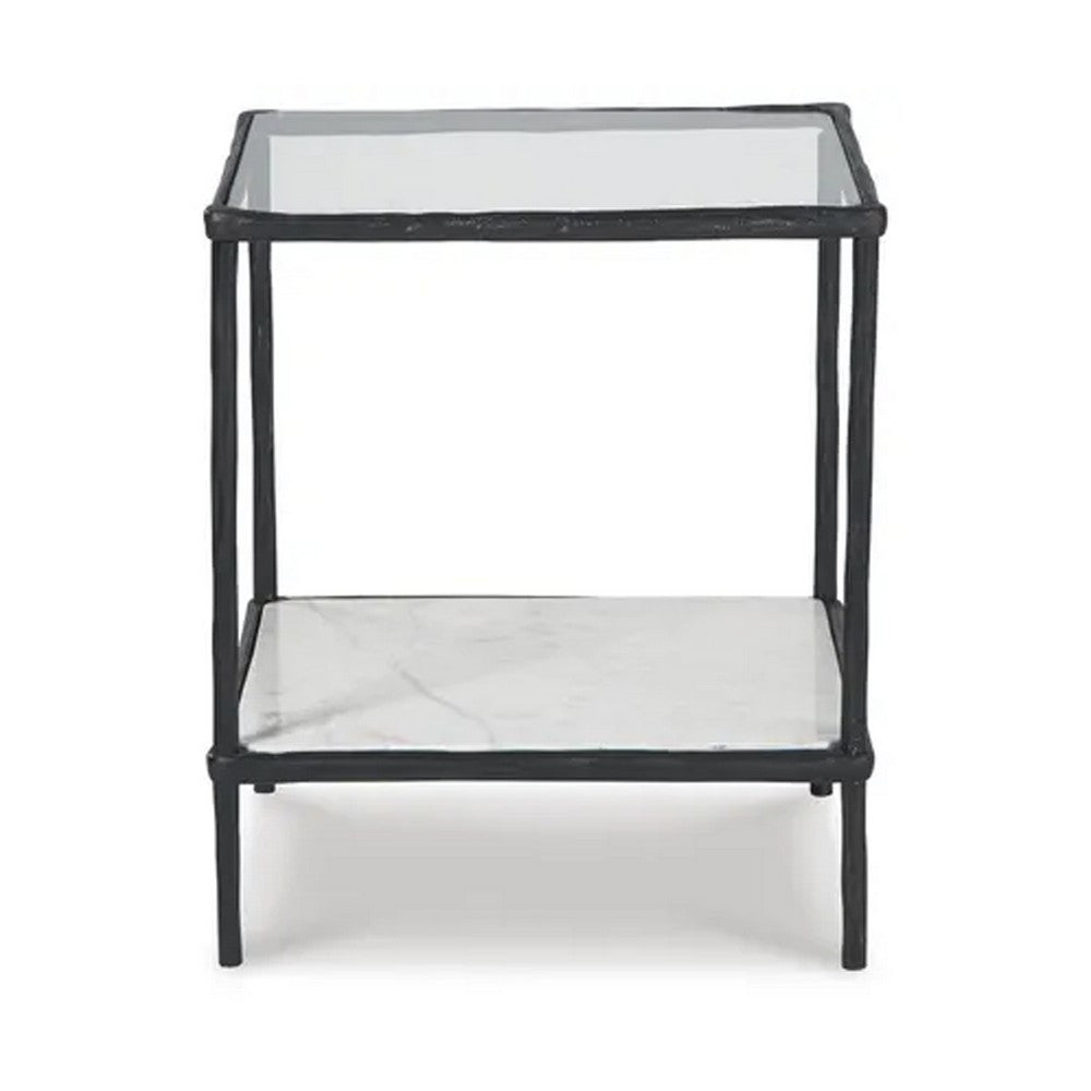 Dalie Accent Table | Glass Top | White Marble Shelf | Antique Black 25"