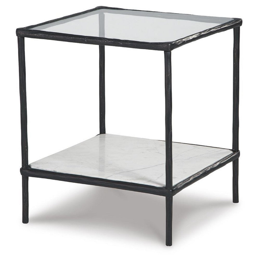 Dalie Accent Table | Glass Top | White Marble Shelf | Antique Black 25"