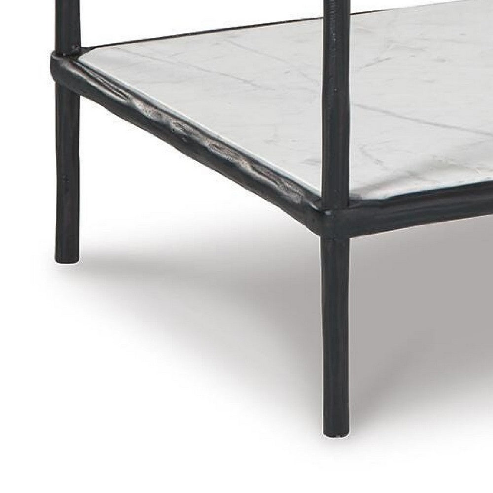 Dalie Accent Table | Glass Top | White Marble Shelf | Antique Black 25"