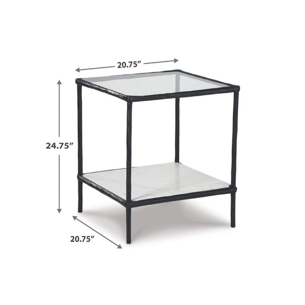 Dalie Accent Table | Glass Top | White Marble Shelf | Antique Black 25"
