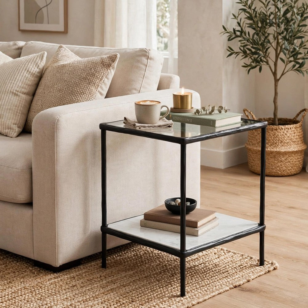 Dalie Accent Table | Glass Top | White Marble Shelf | Antique Black 25"