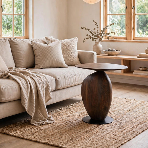 Corno Oblong Accent Table | Pebble-Shaped Body w Pedestal | Brown 21"