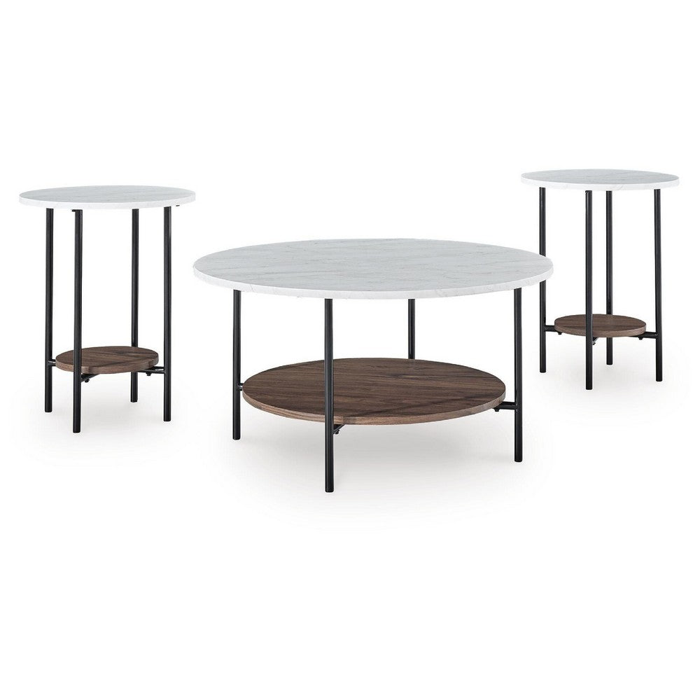 Winy 3pc Occasional Table Set | White Faux Marble Top | Open Shelf | Black