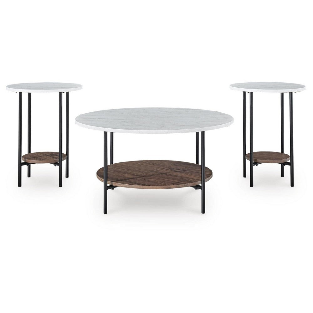 Winy 3pc Occasional Table Set | White Faux Marble Top | Open Shelf | Black