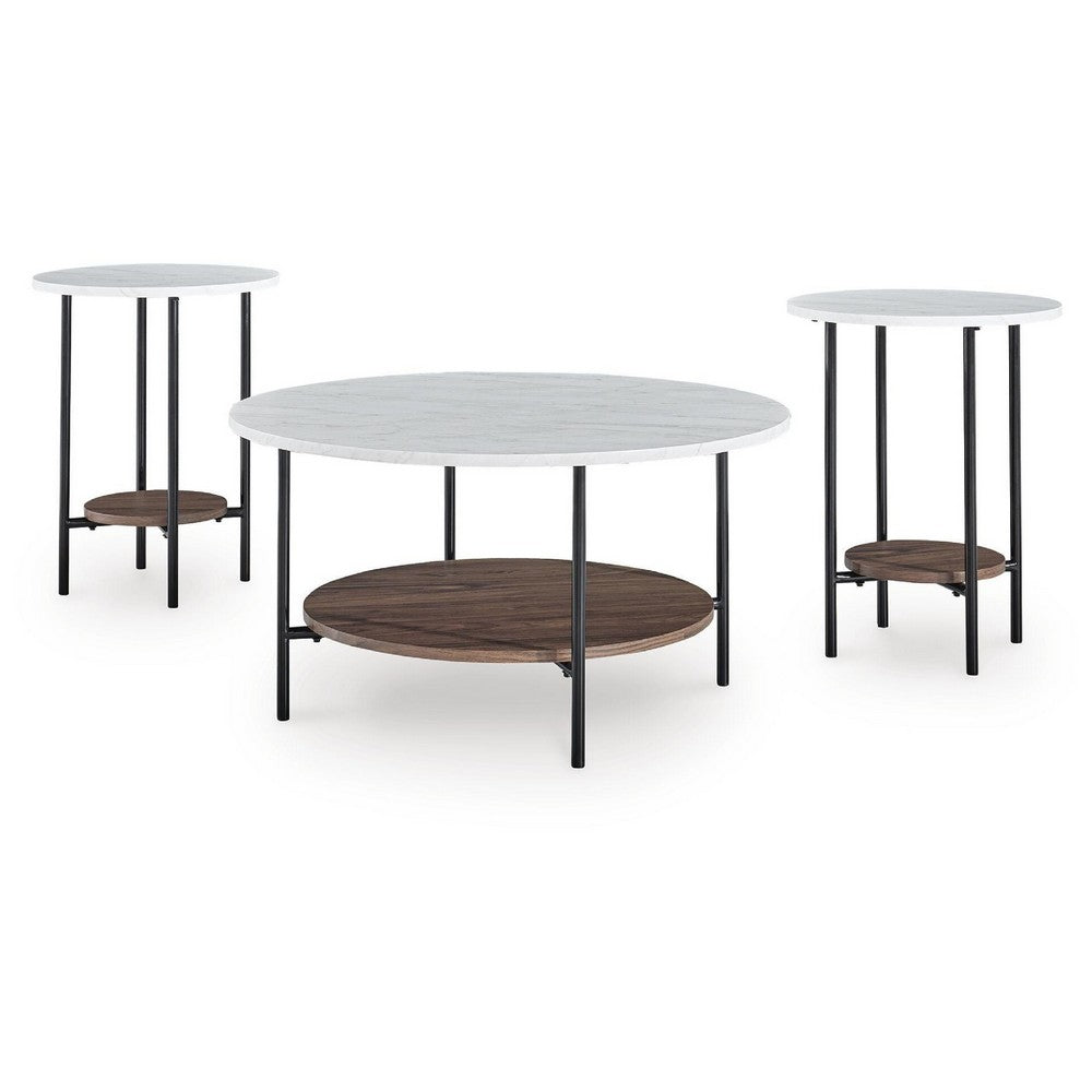 Winy 3pc Occasional Table Set | White Faux Marble Top | Open Shelf | Black