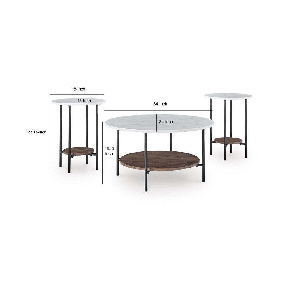 Winy 3pc Occasional Table Set | White Faux Marble Top | Open Shelf | Black