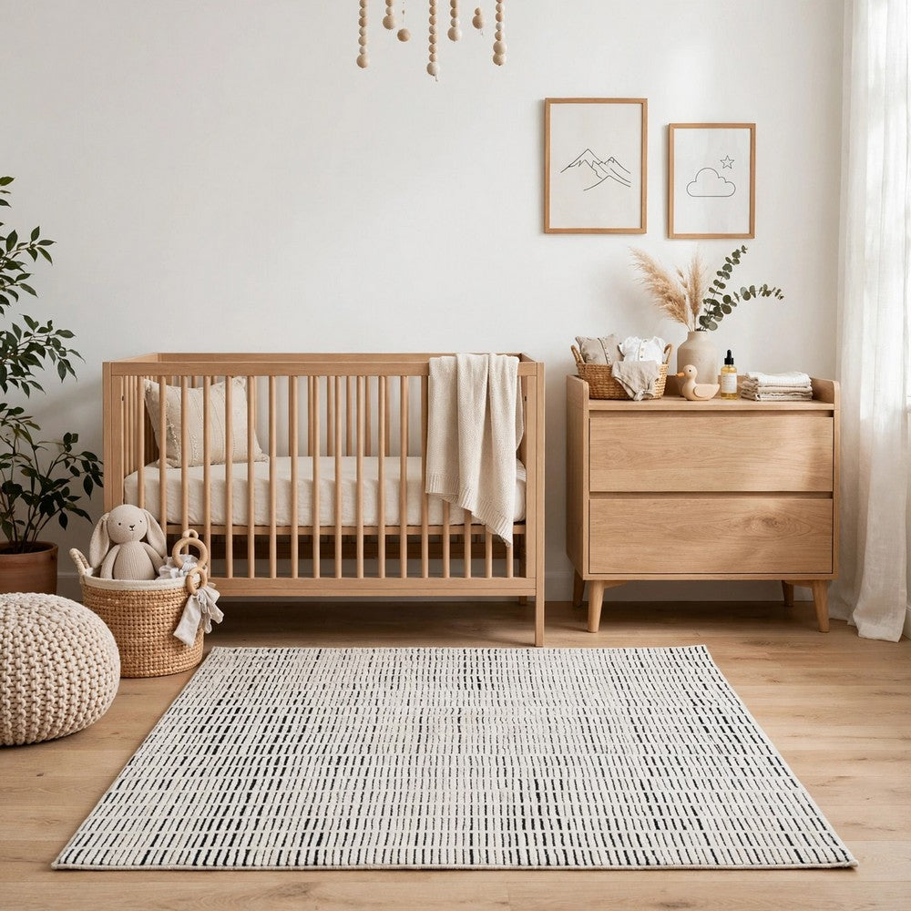 Turo Striped Large Area Rug | 16mm Pile | Ivory & Black Polyester 8x10