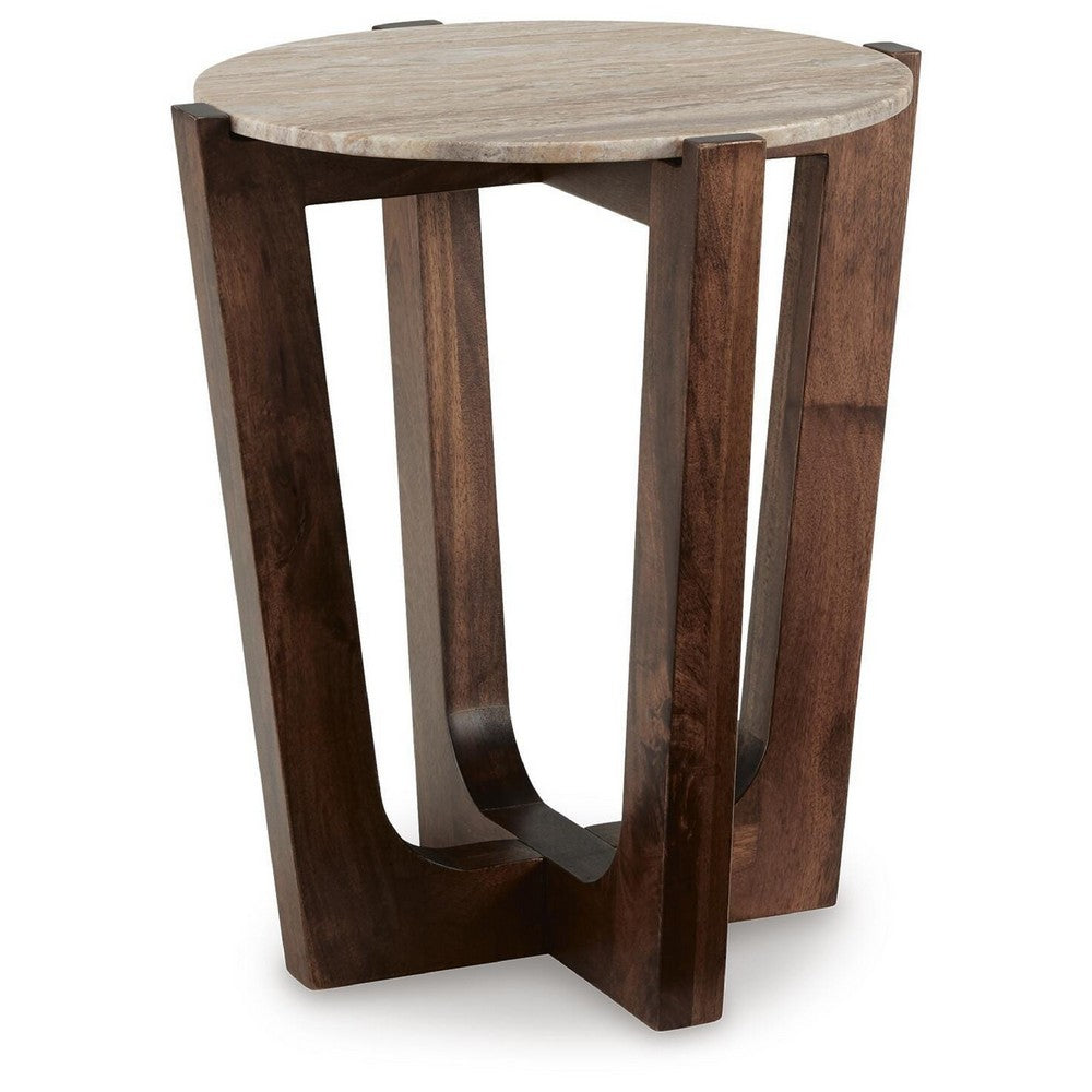 Dore Side End Table | Round Marble Top | Angled Legs | Beige | Brown 24"