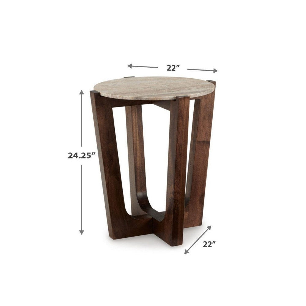 Dore Side End Table | Round Marble Top | Angled Legs | Beige | Brown 24"