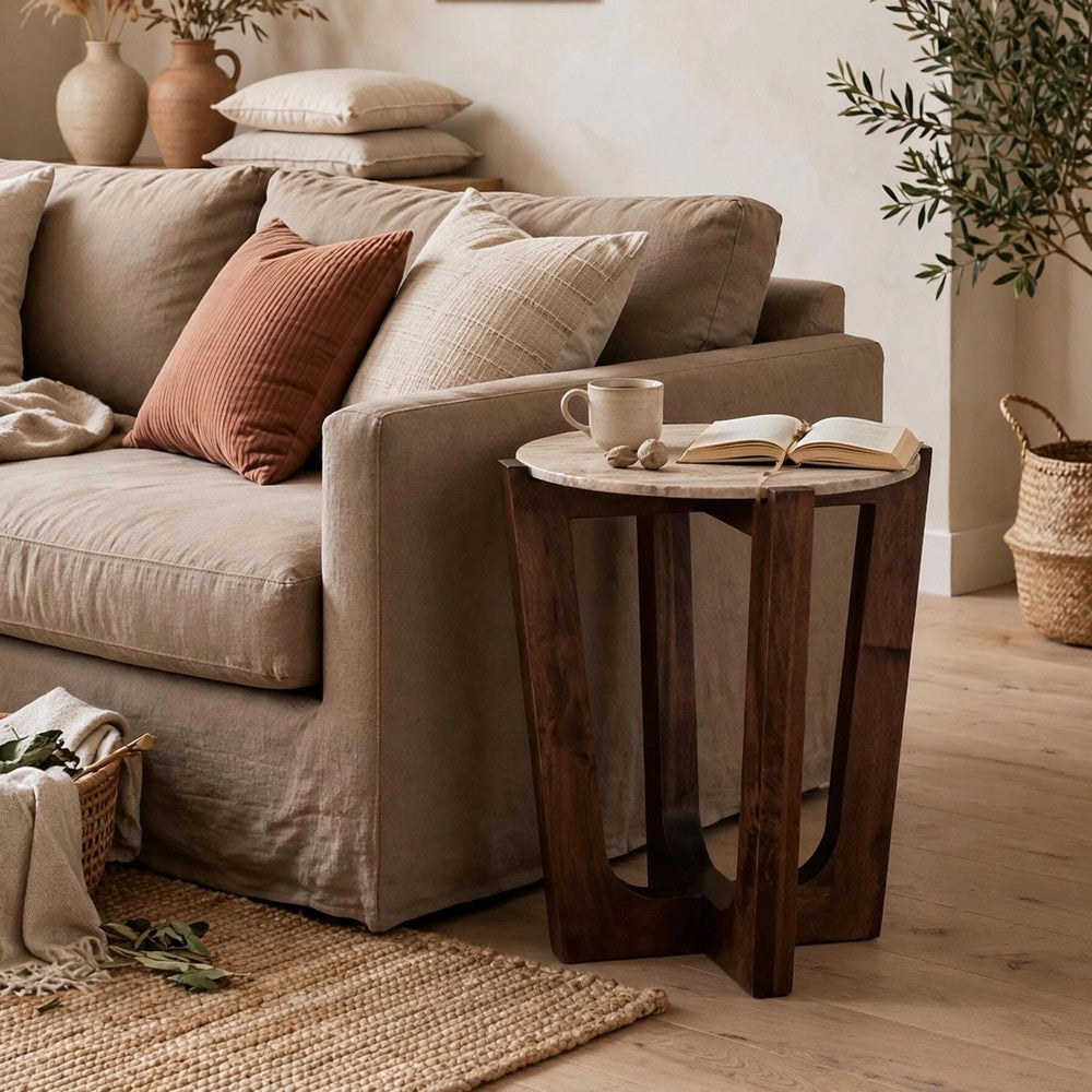 Dore Side End Table | Round Marble Top | Angled Legs | Beige | Brown 24"