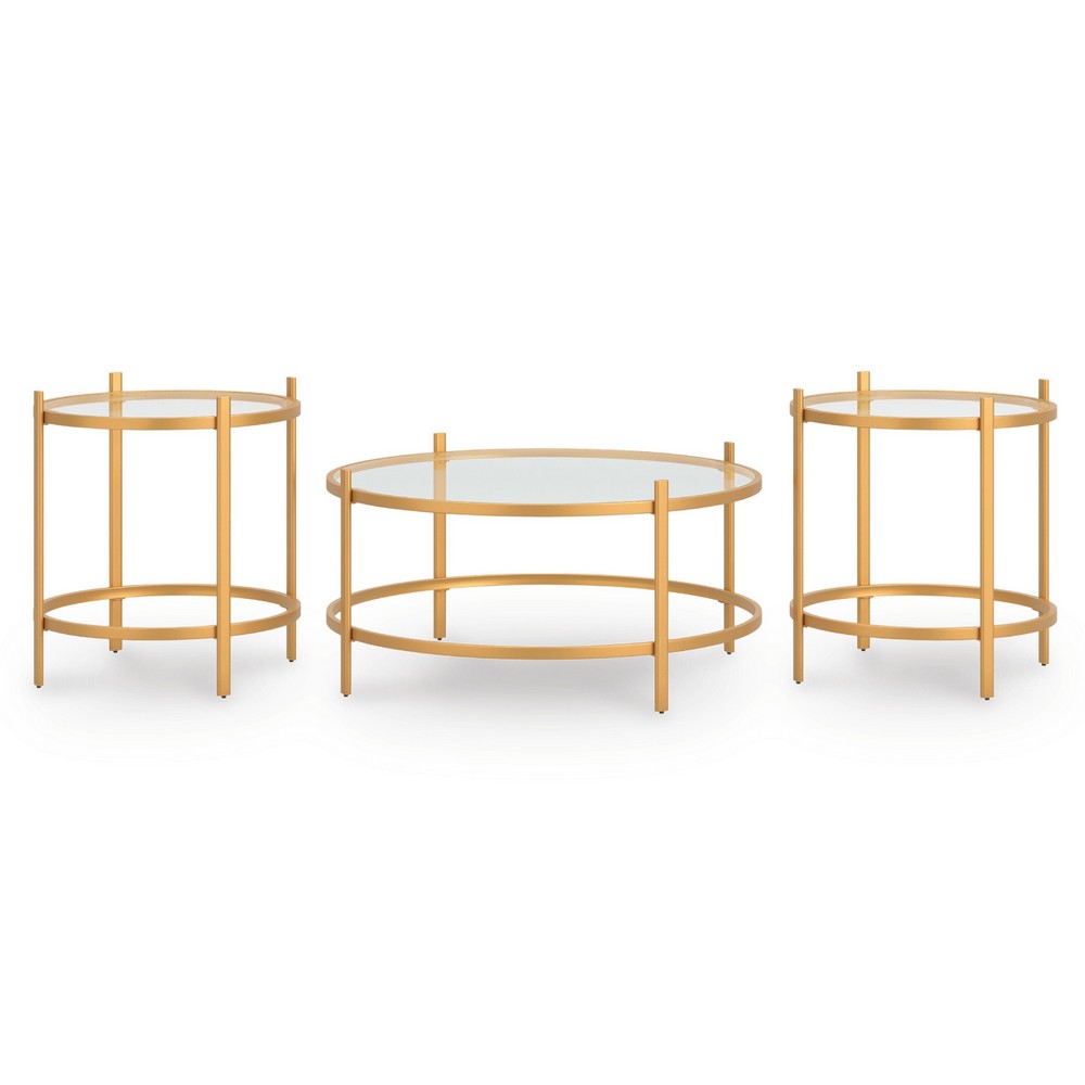 Pera 3pc Coffee Table & 2 End Table Set | Glass Top | Gold Steel Frame
