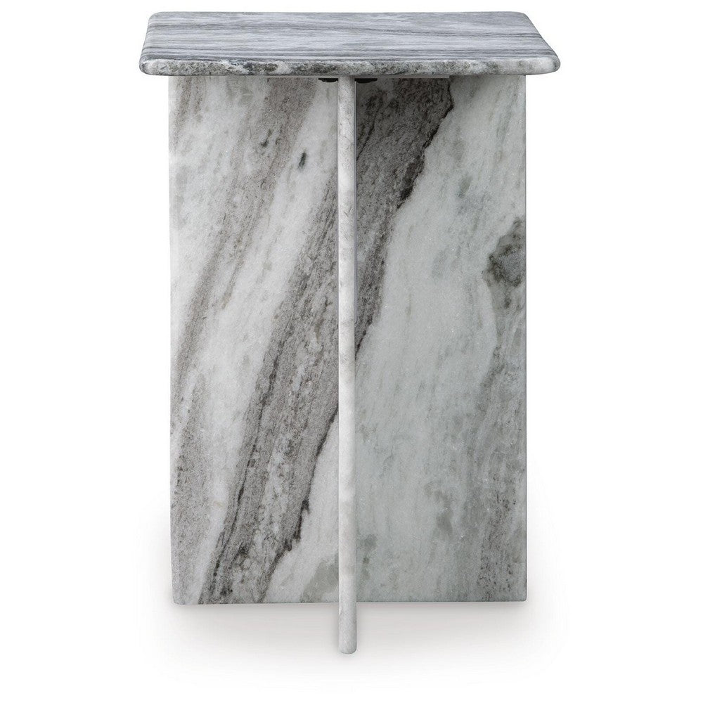 Kein Square Accent Table | Cross Paneled Base | White Gray Marble 20"