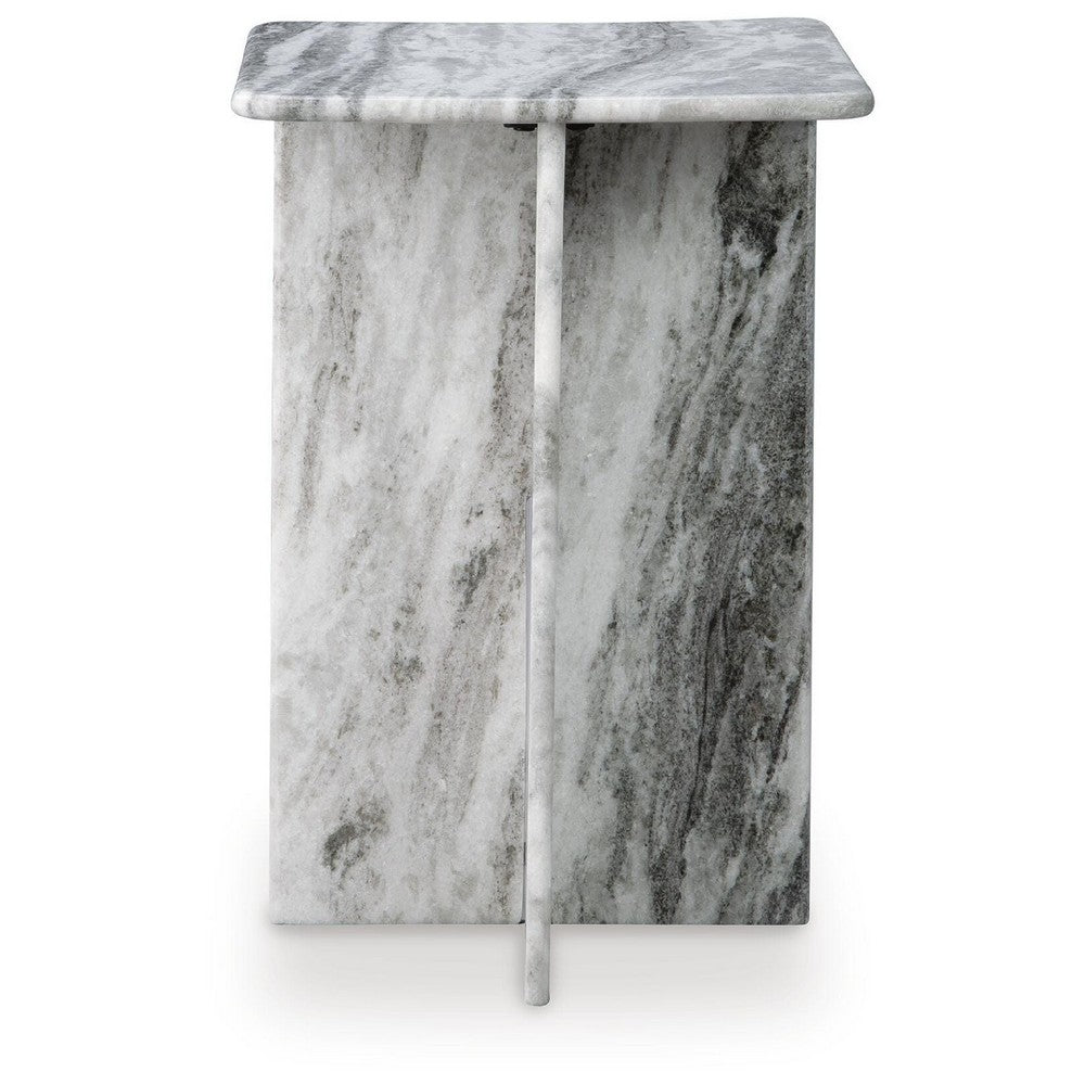 Kein Square Accent Table | Cross Paneled Base | White Gray Marble 20"
