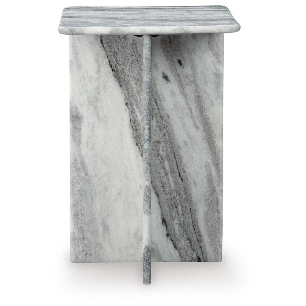 Kein Square Accent Table | Cross Paneled Base | White Gray Marble 20"