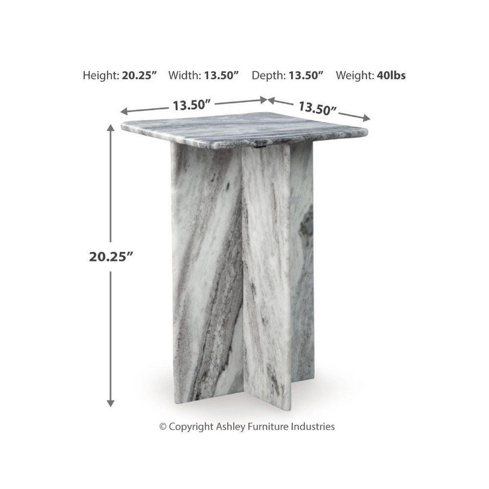 Kein Square Accent Table | Cross Paneled Base | White Gray Marble 20"