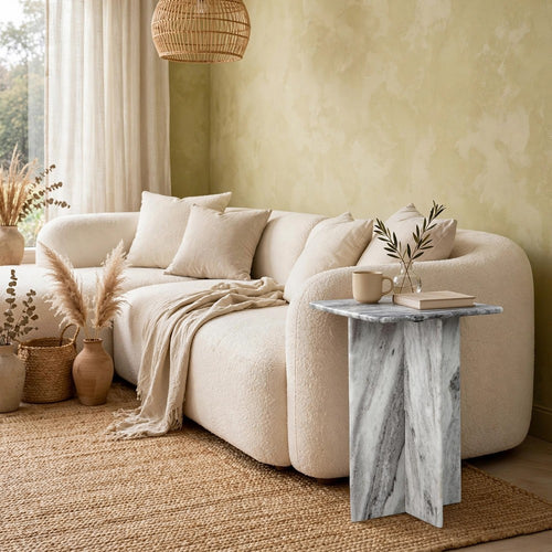 Kein Square Accent Table | Cross Paneled Base | White Gray Marble 20"
